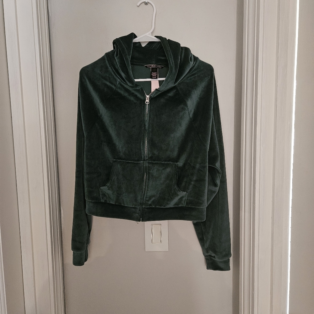 NWT Victorias Secret Green Velour Cropped zip up size XS